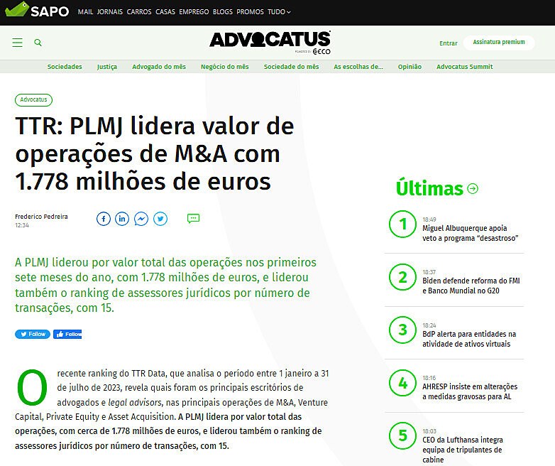 TTR: PLMJ lidera valor de operaes de M&A com 1.778 milhes de euros